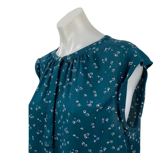 Ann Taylor LOFT Women's Teal Blue Floral Ruffle Sleeve Button Blouse Top Size LP - Picture 3 of 5
